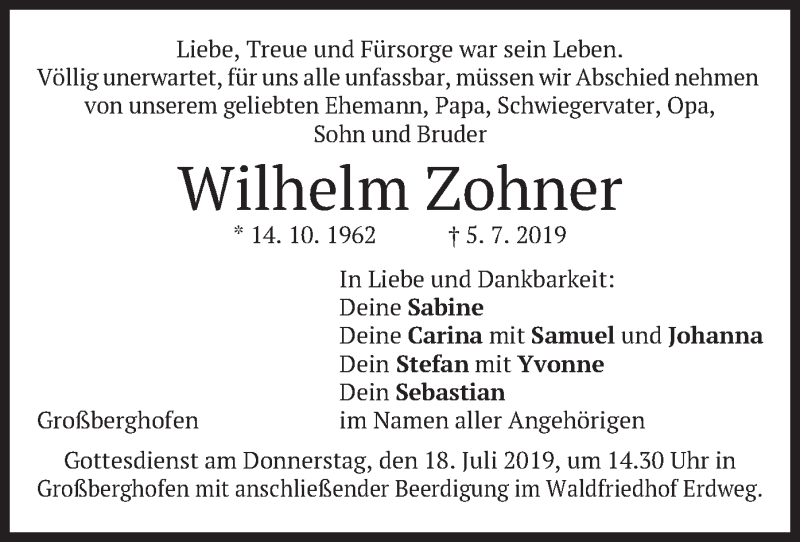  Traueranzeige für Wilhelm Zohner vom 17.07.2019 aus merkurtz