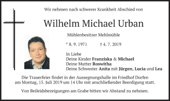 Traueranzeige von Wilhelm Michael Urban von merkurtz