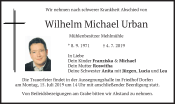 Traueranzeige von Wilhelm Michael Urban von merkurtz