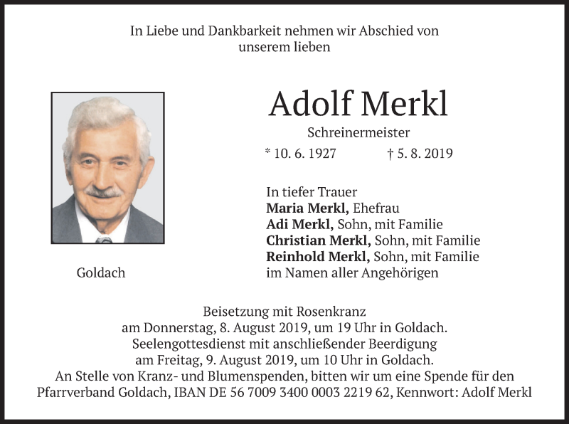 Traueranzeigen von Adolf Merkl trauer.merkur.de