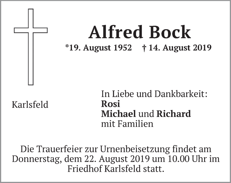  Traueranzeige für Alfred Bock vom 17.08.2019 aus merkurtz