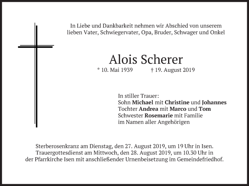  Traueranzeige für Alois Scherer vom 24.08.2019 aus merkurtz