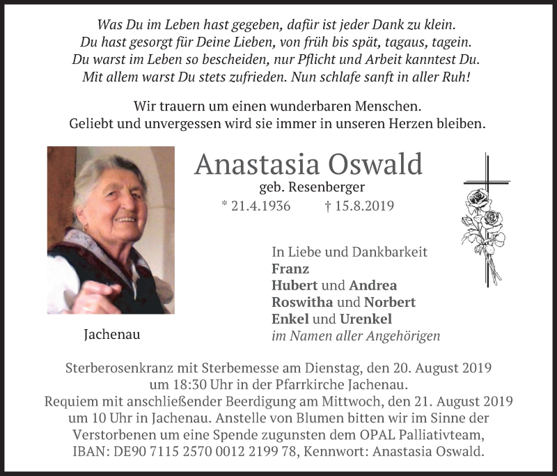  Traueranzeige für Anastasia Oswald vom 17.08.2019 aus merkurtz