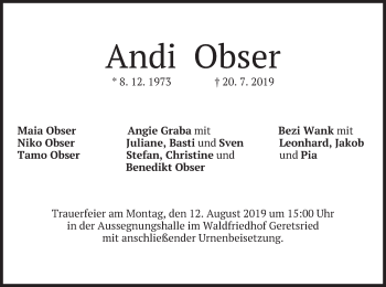Traueranzeige von Andi Obser von merkurtz