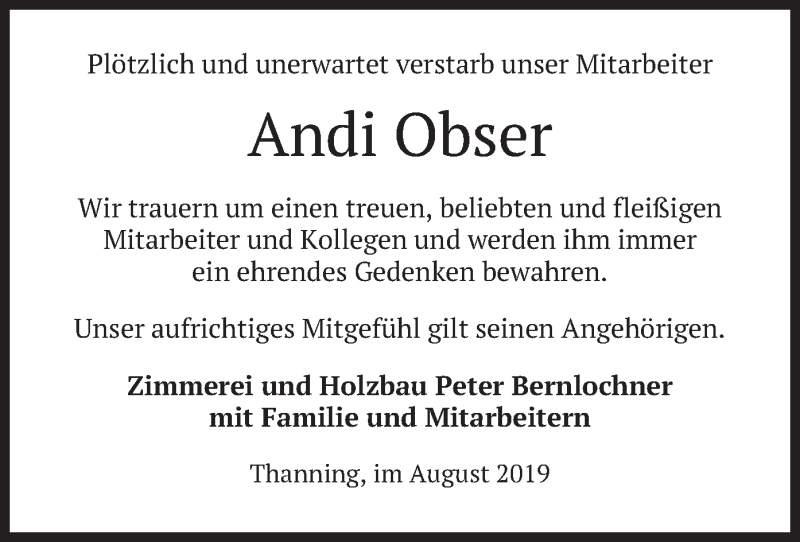  Traueranzeige für Andi Obser vom 09.08.2019 aus merkurtz