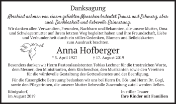Traueranzeige von Anna Hofberger von merkurtz