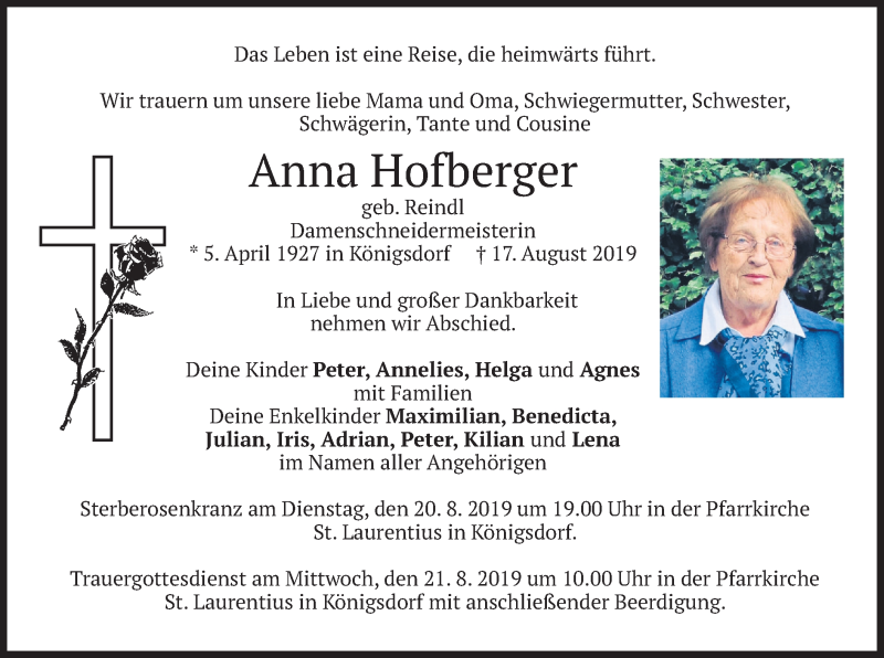  Traueranzeige für Anna Hofberger vom 19.08.2019 aus merkurtz