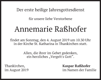 Traueranzeige von Annemarie Raßhofer von merkurtz
