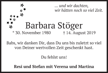 Traueranzeige von Barbara Stöger von merkurtz