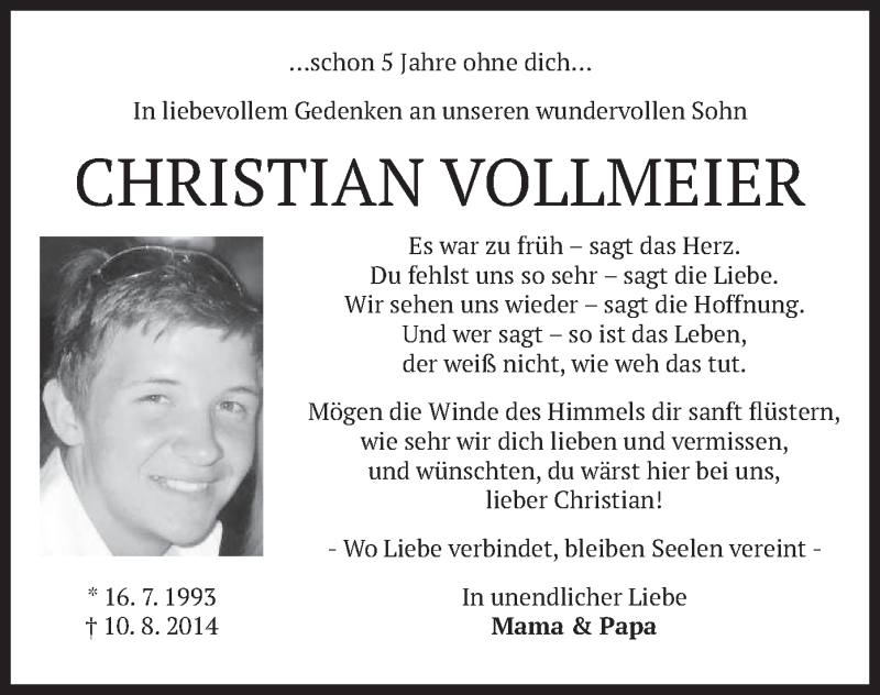  Traueranzeige für Christian Vollmeier vom 10.08.2019 aus merkurtz