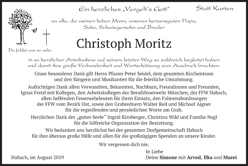  Traueranzeige für Christoph Moritz vom 31.08.2019 aus merkurtz