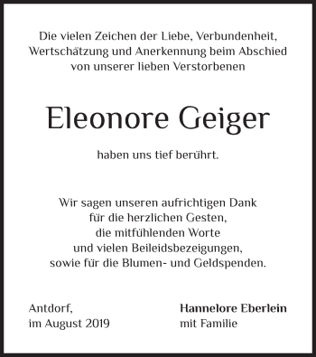 Traueranzeige von Eleonore Geiger von merkurtz