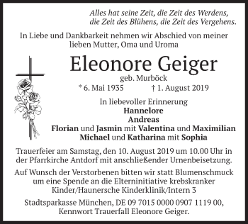 Traueranzeige von Eleonore Geiger von merkurtz