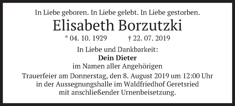  Traueranzeige für Elisabeth Borzutzki vom 05.08.2019 aus merkurtz