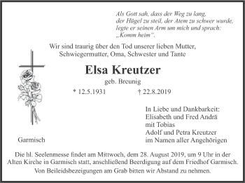Traueranzeige von Elsa Kreutzer von merkurtz