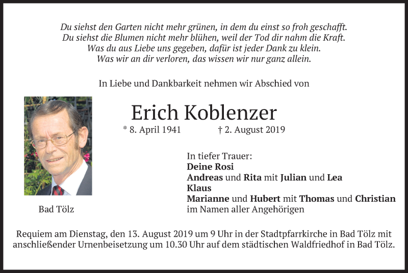  Traueranzeige für Erich Koblenzer vom 10.08.2019 aus merkurtz