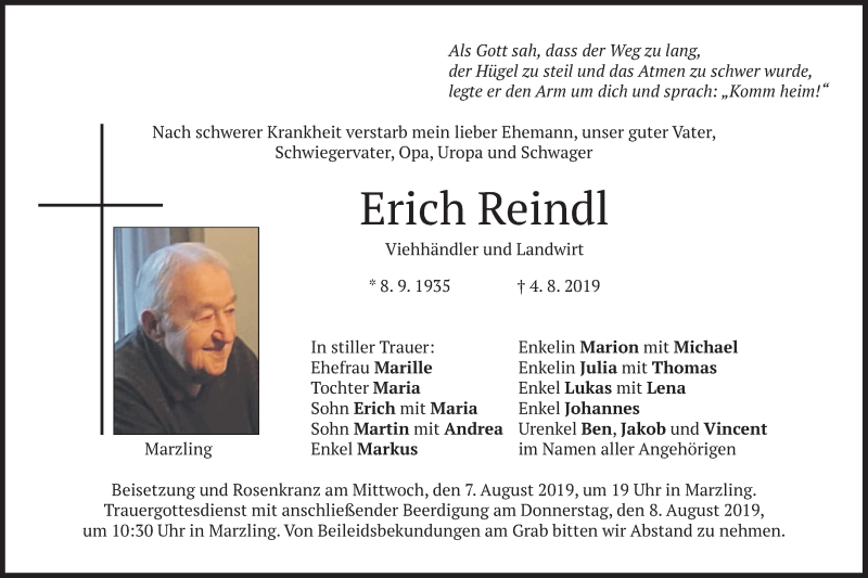  Traueranzeige für Erich Reindl vom 06.08.2019 aus merkurtz