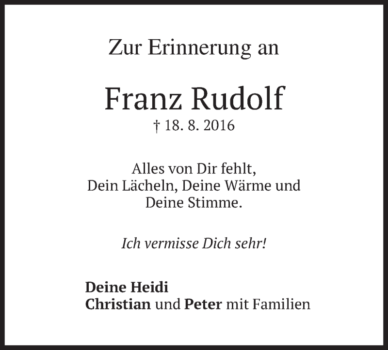  Traueranzeige für Franz Rudolf vom 17.08.2019 aus merkurtz