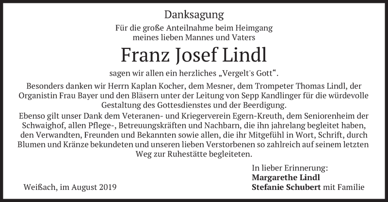  Traueranzeige für Franz Josef Lindl vom 10.08.2019 aus merkurtz