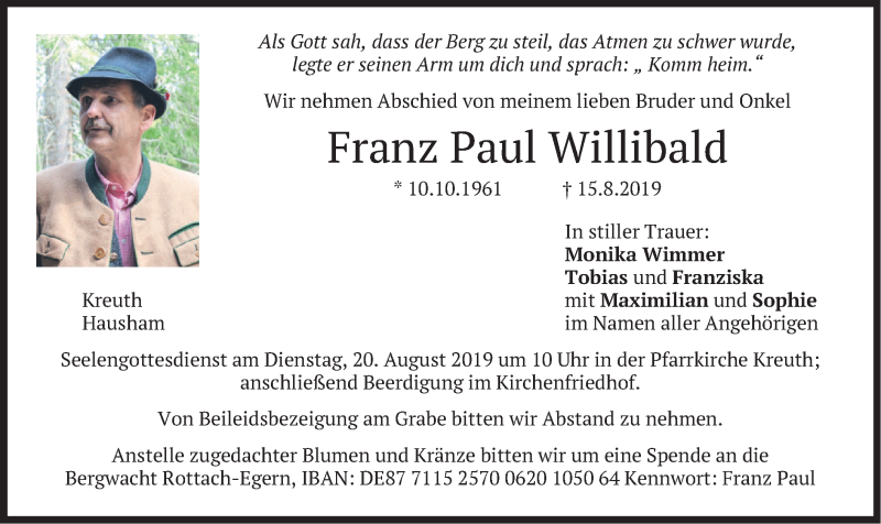  Traueranzeige für Franz Paul Willibald vom 17.08.2019 aus merkurtz