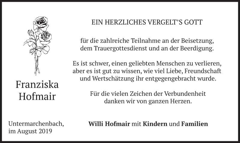  Traueranzeige für Franziska Hofmair vom 21.08.2019 aus merkurtz