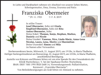 Traueranzeige von Franziska Obermeier von merkurtz