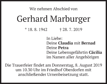 Traueranzeige von Gerhard Marburger von merkurtz
