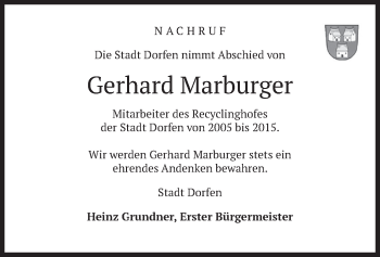 Traueranzeige von Gerhard Marburger von merkurtz