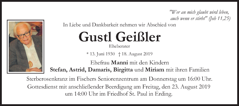  Traueranzeige für Gustl Geißler vom 21.08.2019 aus merkurtz