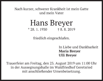 Traueranzeige von Hans Breyer von merkurtz