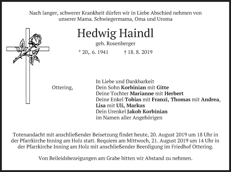  Traueranzeige für Hedwig Haindl vom 20.08.2019 aus merkurtz