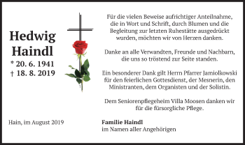 Traueranzeige von Hedwig Haindl von merkurtz