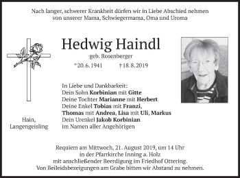 Traueranzeige von Hedwig Haindl von merkurtz