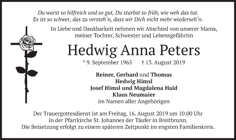  Traueranzeige für Hedwig Anna Peters vom 14.08.2019 aus merkurtz