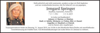 Traueranzeige von Irmgard Springer von merkurtz
