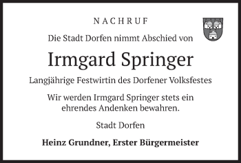Traueranzeige von Irmgard Springer von merkurtz