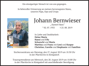 Traueranzeige von Johann Bernwieser von merkurtz