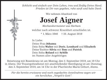 Traueranzeige von Josef Aigner von merkurtz