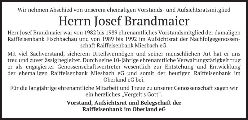  Traueranzeige für Josef Brandmaier vom 03.08.2019 aus merkurtz