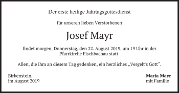 Traueranzeige von Josef Mayr von merkurtz