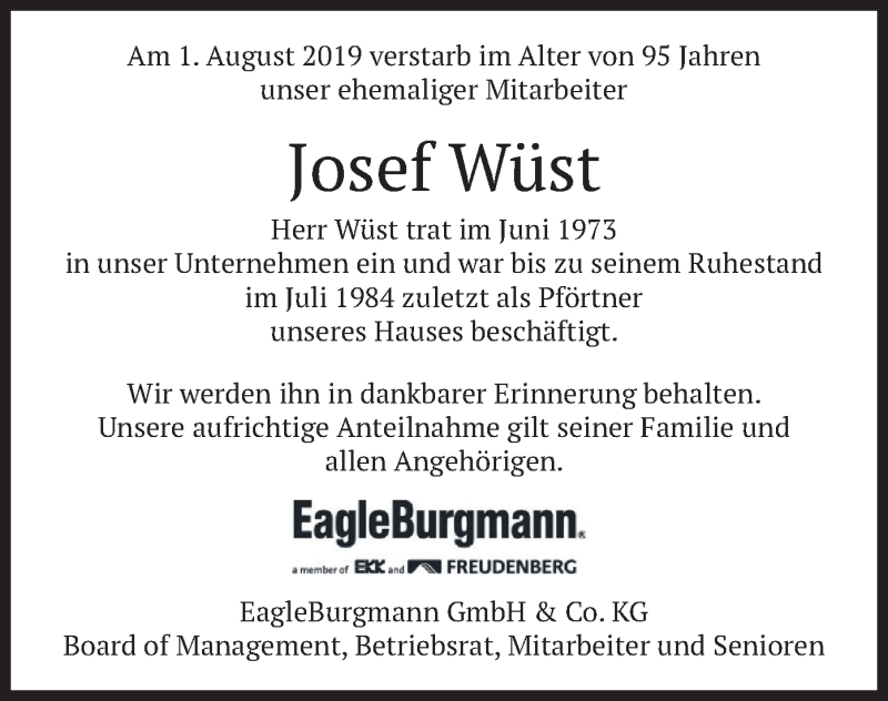  Traueranzeige für Josef Wüst vom 06.08.2019 aus merkurtz