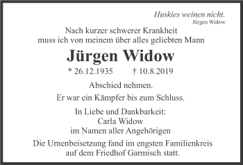 Traueranzeige von Jürgen Widow von merkurtz