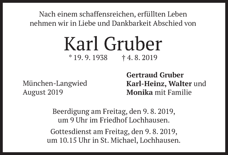  Traueranzeige für Karl Gruber vom 08.08.2019 aus merkurtz