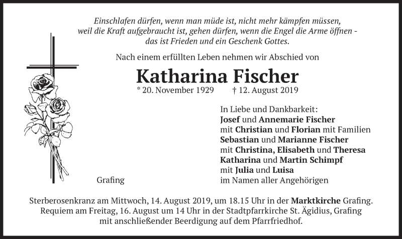  Traueranzeige für Katharina Fischer vom 14.08.2019 aus merkurtz