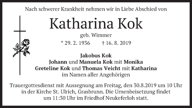  Traueranzeige für Katharina Kok vom 24.08.2019 aus merkurtz