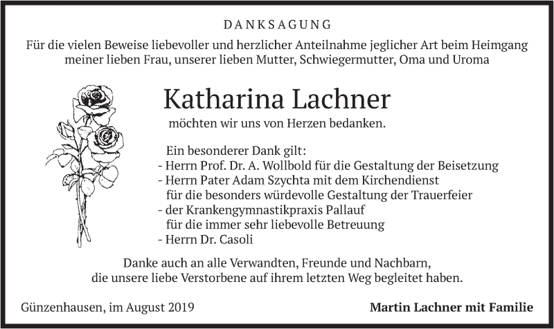  Traueranzeige für Katharina Lachner vom 10.08.2019 aus merkurtz