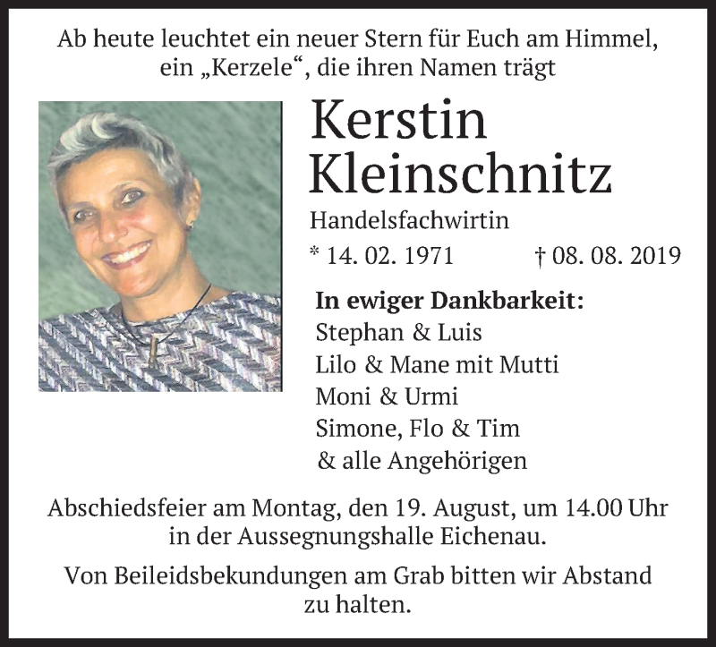 Traueranzeige für Kerstin Kleinschnitz vom 14.08.2019 aus merkurtz