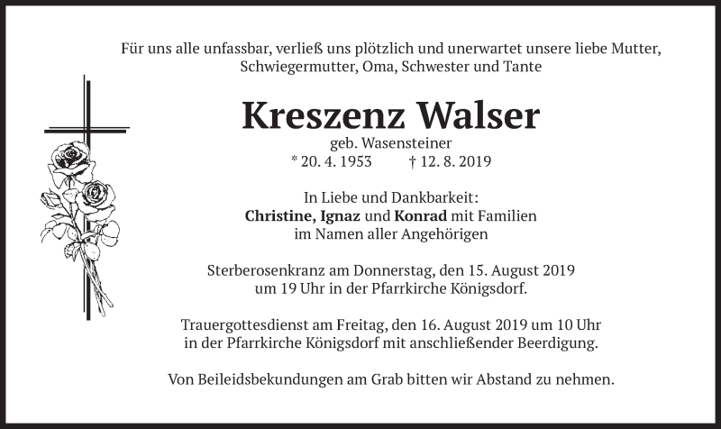  Traueranzeige für Kreszenz Walser vom 14.08.2019 aus merkurtz
