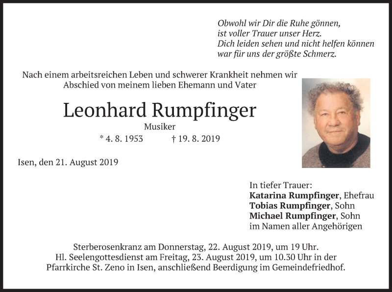  Traueranzeige für Leonhard Rumpfinger vom 21.08.2019 aus merkurtz