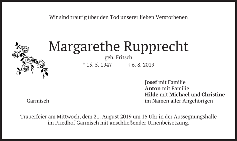  Traueranzeige für Margarethe Rupprecht vom 17.08.2019 aus merkurtz